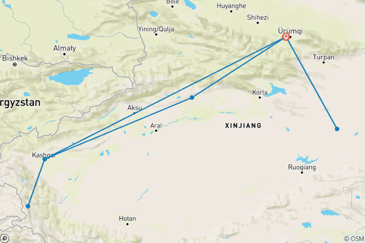 Carte du circuit Le meilleur du Xinjiang en 18 jours : Urumqi, Kanas, Yili, Kuqa, Hotian, Kashgar etc.