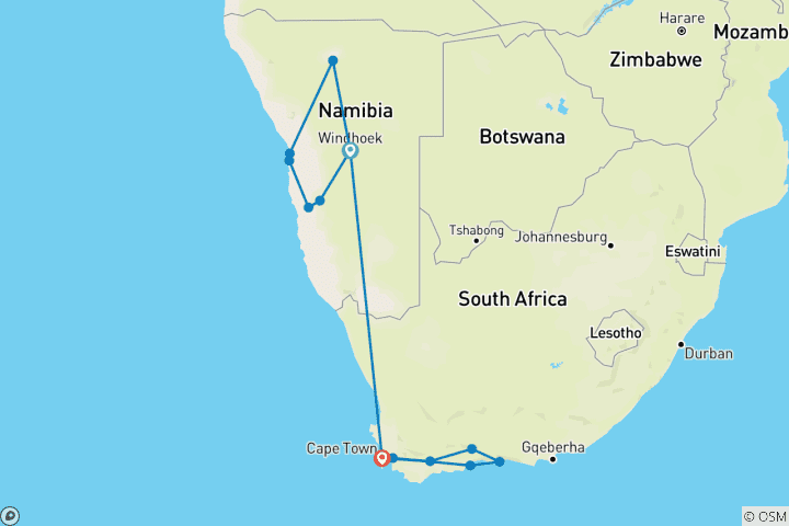Carte du circuit La Namibie rencontre l'Afrique du Sud : Desert Roadtrip & Wildlife Glamping (14 destinations)