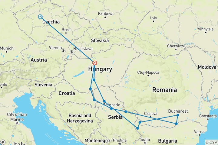 Mapa de Viaje por los Balcanes con Praga Praga → Budapest (2027)