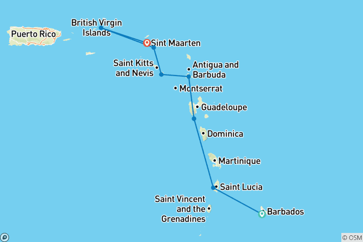 Mapa de Caribe Oriental con San Bartolomé 2027-2028 - 8 Días (from Bridgetown to Philipsburg)