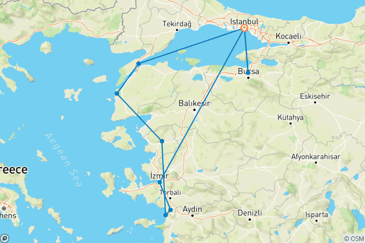 Mapa de Viaje de 8 días por la Turquía islámica y cultural