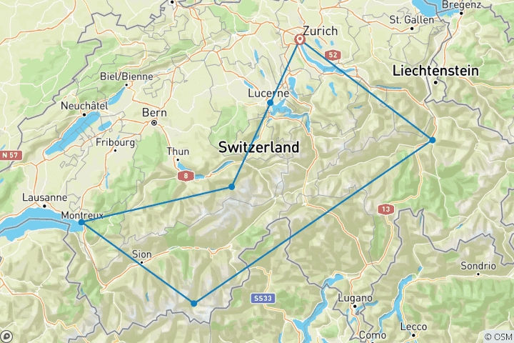 Carte du circuit Grand Train Tour de Suisse - Principales attractions