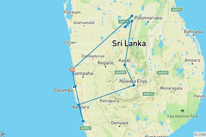 Mapa de Viaje de 07 días a Sri Lanka
