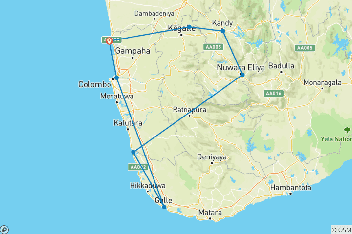 Mapa de 5 noches y 6 días Sri Lanka