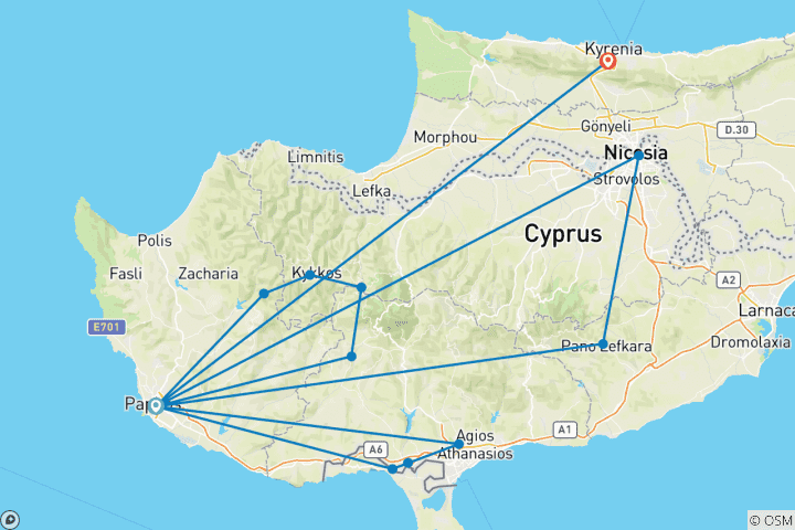 Kaart van 8 Dagen in Cyprus: Een tapijt van geschiedenis, mythen en mediterraan leven (dinsdag aankomst)