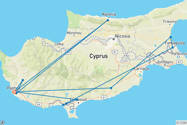 Kaart van 8 Dagen in Cyprus: Een tapijt van geschiedenis, mythen en mediterraan leven (aankomst op donderdag)