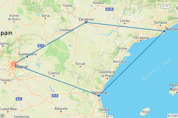 Kaart van Madrid, Valencia & Barcelona - 4 dagen