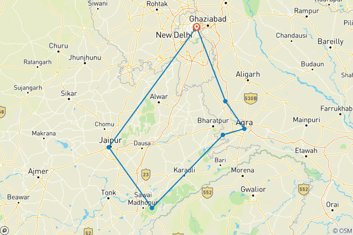 Mapa de Viaje al Triángulo de Oro de la India con el Taj Mahal y Safari con Tigres en Ranthambore