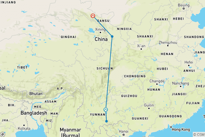Kaart van 9 Dagen Yunnan Rijstterrassen en Gansu Regenboog Bergen (privégids en chauffeur))Familiereis Aanpasbaar