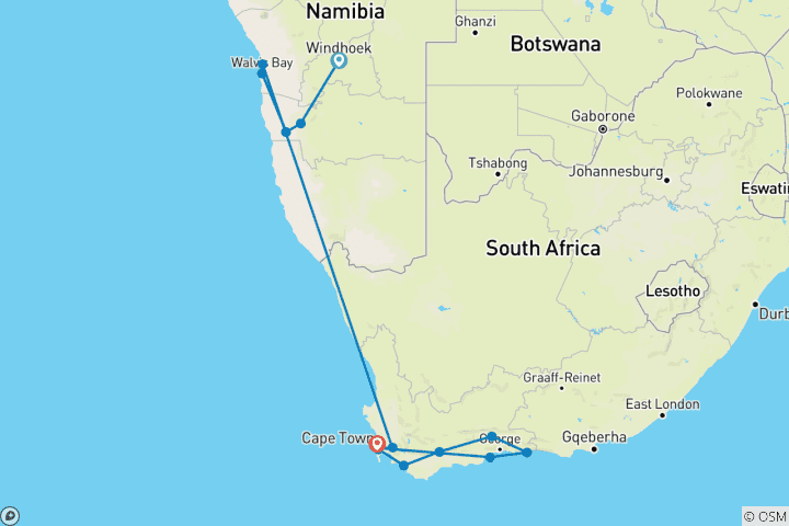 Carte du circuit La Namibie rencontre l'Afrique du Sud : Desert Roadtrip & Wildlife Glamping (from Windhoek to Robben Island)