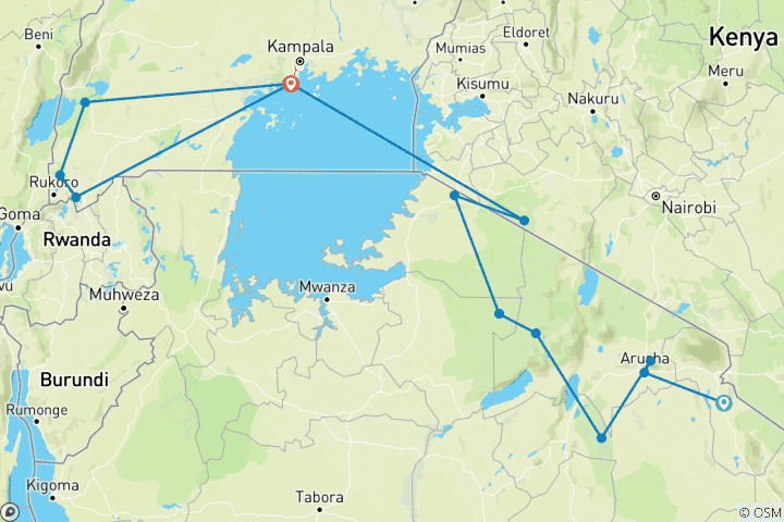 Carte du circuit 14 jours de randonnée dans le Serengeti, le Masai Mara et les gorilles
