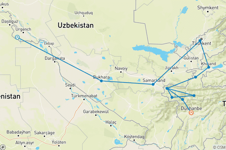 Kaart van Oezbekistan & Tadzjikistan: Hoogtepunten