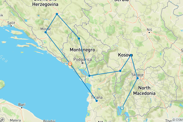 Carte du circuit Circuit dans les Balkans - 5 pays en 6 jours au départ de Tirana, Albanie