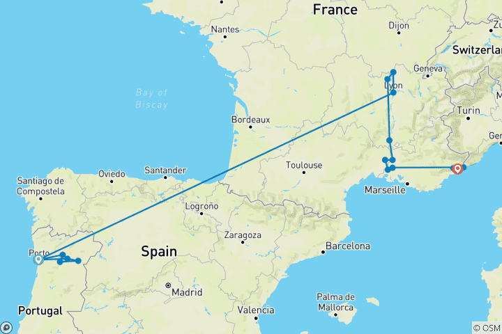 Karte von Entdecken Sie die Flüsse von Frankreich & Portugal & Nizza 2026|2027 - 18 Tage (17 Destinationen)