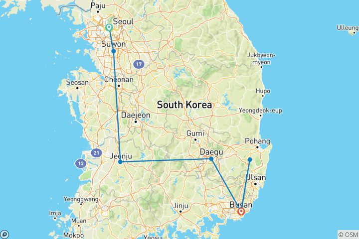 Carte du circuit 8 jours d'aventure en Corée du Sud : De Séoul à Busan (guide et chauffeur privés)Voyage en famille - Personnalisable