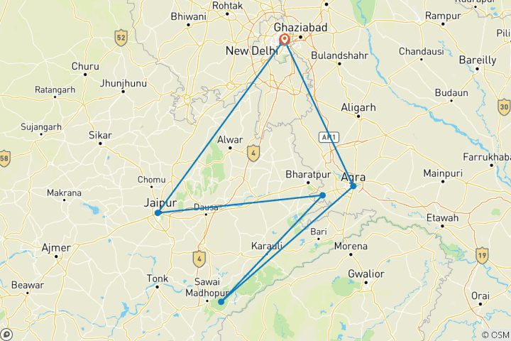 Carte du circuit Au départ de Delhi : Triangle d'Or privé avec Ranthambore Wildlife Safari 4 étoiles de luxe