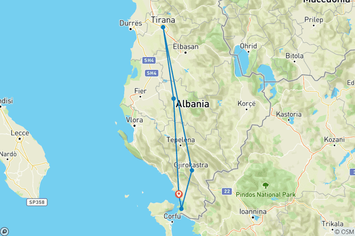 Carte du circuit Tirana, Butrint, Gjirokastra et Berat au départ de Saranda ou Corfou