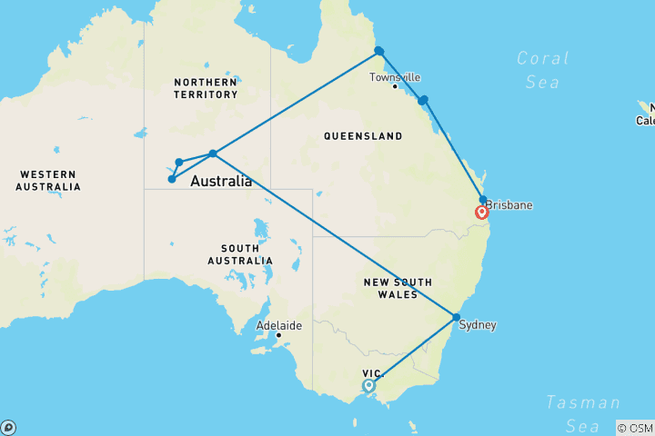 Karte von Australien Rundreise – 21 Tage zwischen Küste, Outback und Riff