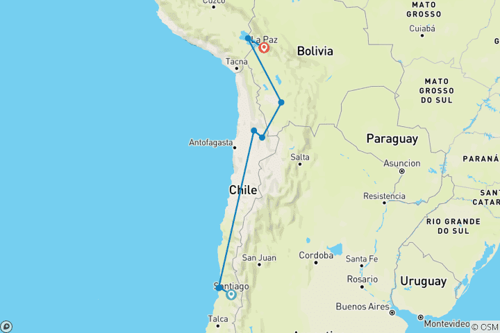 Map of Vineyards, Desert & Salt, Chile & Bolivia 11 days tour