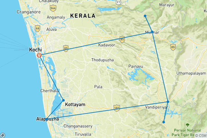 Mapa de Desde Cochin: Excursión de 4 días a Kerala con Estancia en Casa del Árbol y Casa Barco