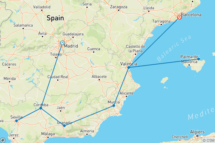 Karte von Reise durch Spanien: Madrid nach Barcelona (Madrid nach Barcelona)