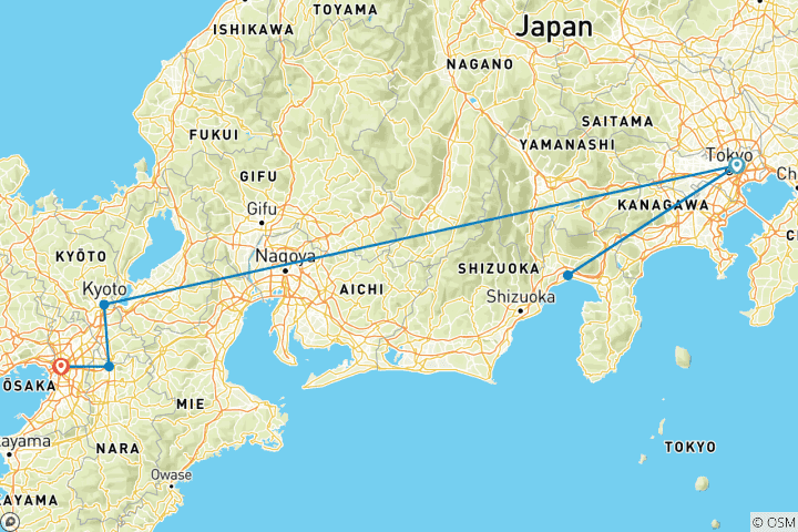 Kaart van Klassieke 7 Daagse Japan Minigroep Rondreis met Max 6 Personen, 3&4 Hotels