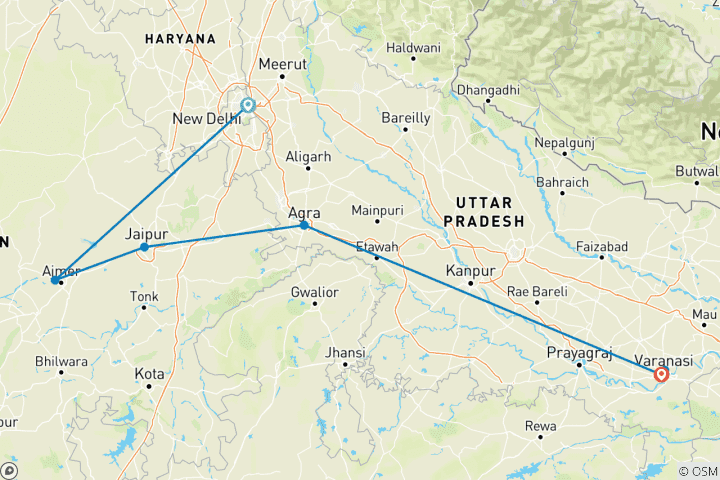 Mapa de El norte de la India con poco presupuesto: Del Triángulo de Oro a Benarés