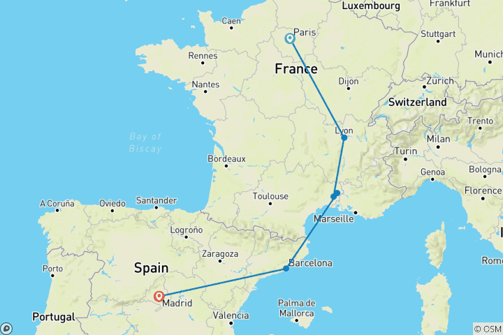 Carte du circuit Le meilleur de la France et de l'Espagne