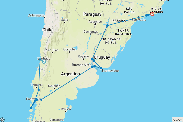 Mapa de De Chile a Brasil: un viaje por carretera por la Región de los Lagos y más allá