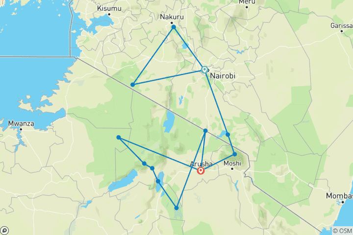 Map of Wildlife of Kenya & Tanzania: Nakuru to Serengeti