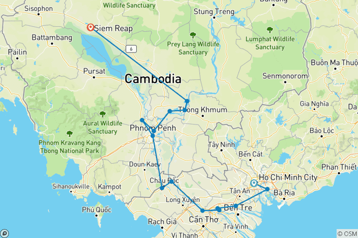Kaart van Schatten van de Mekong meanderende cruise 2026|2027 - 15 dagen