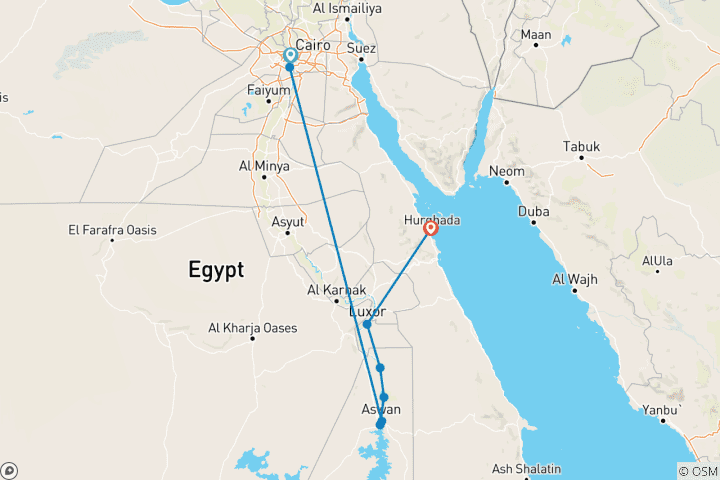Map of Treasures of Egypt in 10 Days: Pyramids, GEM, Nile Cruise & The Red Sea
