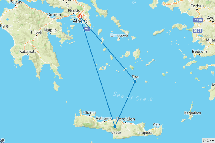 Mapa de Indulgencia en las Islas Griegas: 9 días de lujo en Atenas, Santorini y Creta con todo incluido
