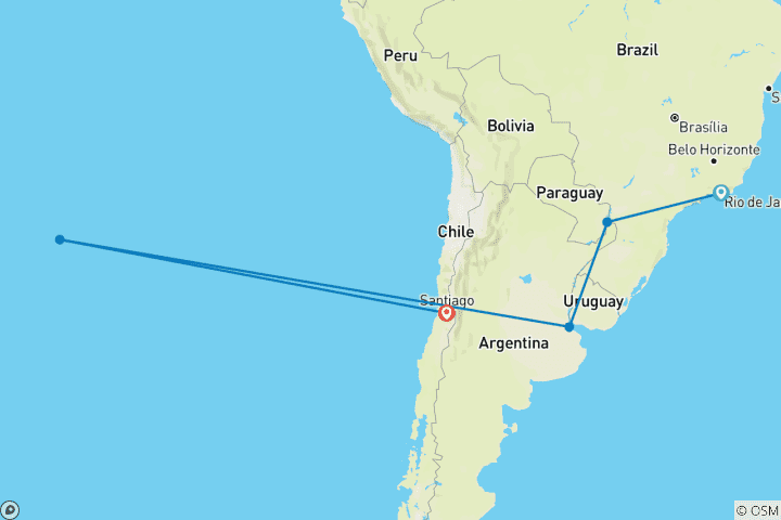Kaart van Zuid-Amerika reis met Santiago & Paaseiland (UK versie met 1 Rio voornacht)