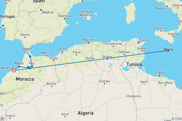 Karte von 5 Tage in Nordmarokko Reiseverlauf ab Tanger