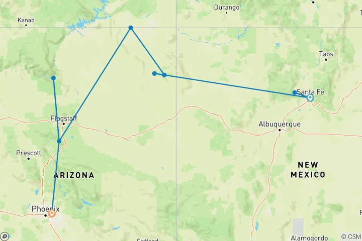 Carte du circuit L'esprit du Sud-Ouest américain Paysages et cultures du Nouveau-Mexique et de l'Arizona (de Santa Fe, NM à Scottsdale, AZ)