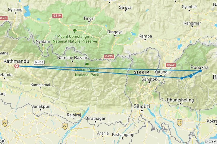 Mapa de Viaje Privado de 11 Días por Nepal y Bután
