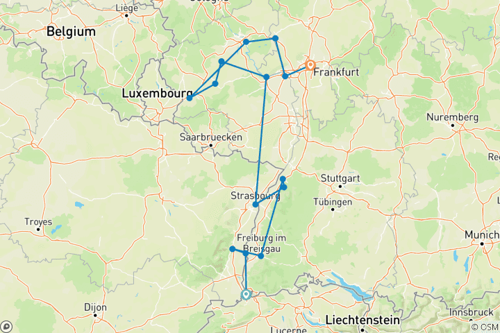 Carte du circuit Châteaux et vignobles de charme du Rhin et de la Moselle 2026 - 8 jours (from Zurich to Francfort-sur-l'Oder)