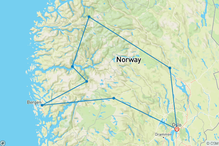 Karte von Norwegen Rundreise - 8 Tage die schönsten Fjorde der Welt