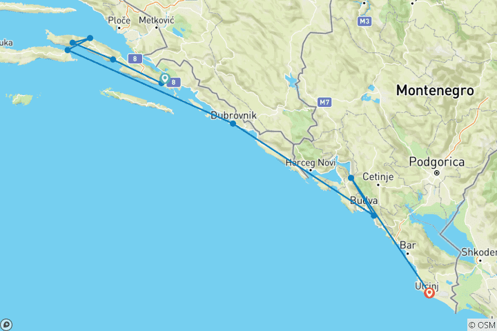 Carte du circuit Roadtrip dans le sud de la Croatie et au Monténégro