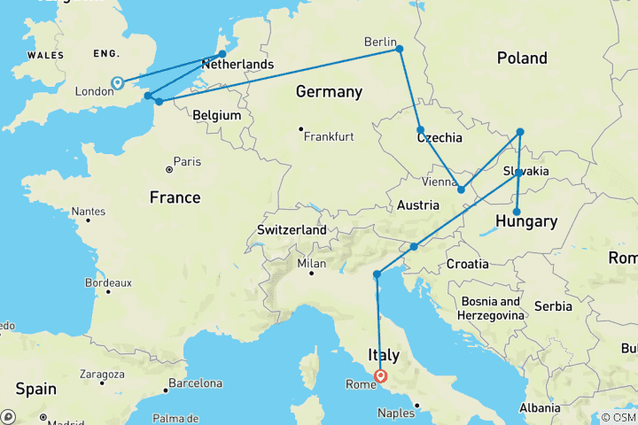 Map of London to Rome Trail (Standard, Summer ( Until Mar '27), Start London, Gap 18-22)