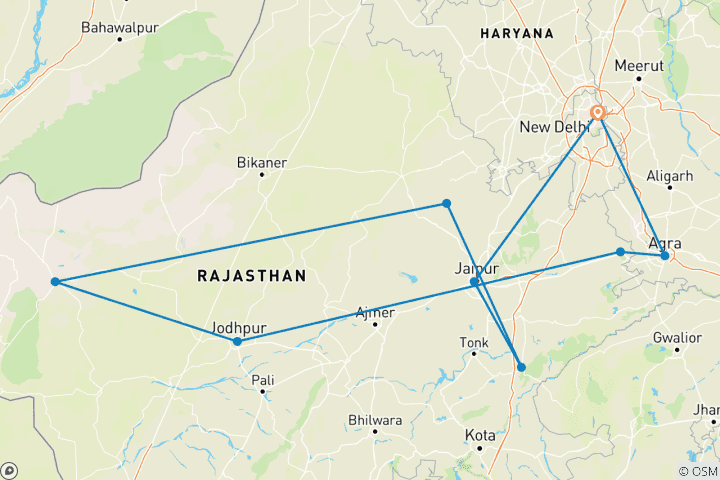 Mapa de Los mejores paquetes turísticos de la India para 2025-2026: Aventuras en Rajastán, Agra, Delhi y safaris en tigre