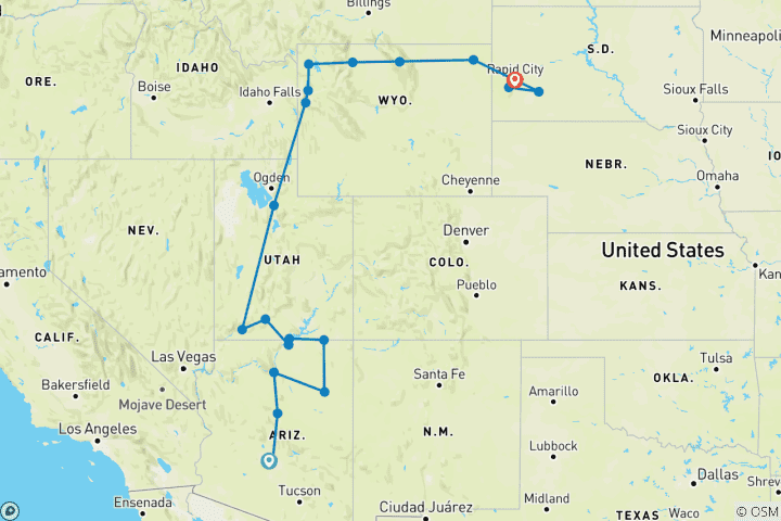Carte du circuit Les magnifiques parcs nationaux d'Amérique (classique, fin Rapid City, Crazy Horse Memorial Donation TIN 46 0220678)