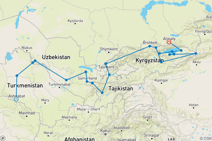 Kaart van Zijderoute Odyssee: Het avontuur van de vijf Stans en World Nomad Games 2026 (44 bestemmingen)