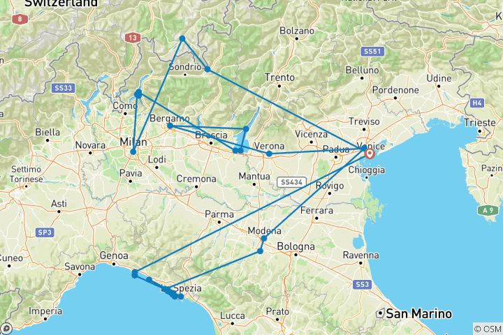 Mapa de Lagos del Norte, Milán y Cinque Terre con Bernina