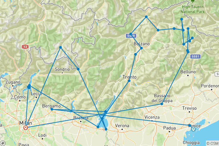 Map of Northern Lakes & the Dolomites with Bernina Expres