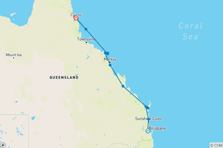 Carte du circuit Tropical Queensland : De Brisbane à Cairns (petits groupes)