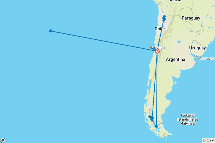 Map of Essential Chile in 15 Days: Santiago, Atacama Desert, RapaNui, Patagonia & Valparaiso