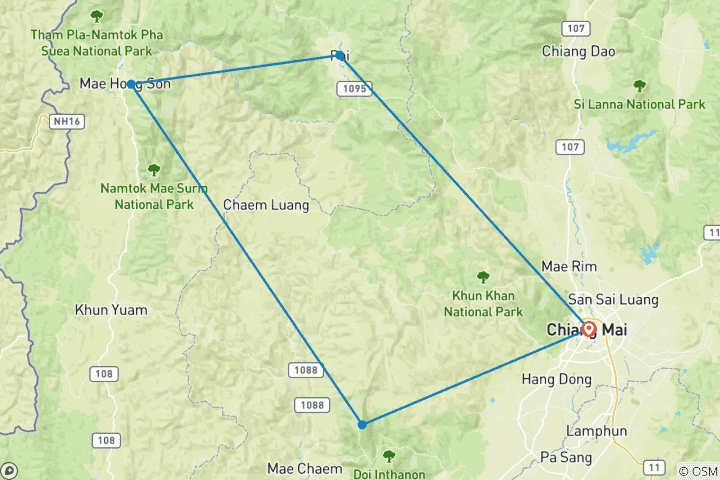 Kaart van 4 Daags Pai & Mae Hong Son avontuur vanuit Chiang Mai