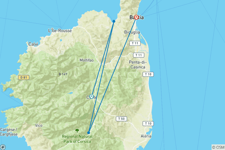 Carte du circuit Randonnée dans les montagnes et sur la côte de la Corse